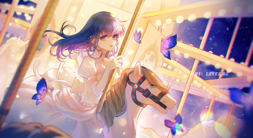1girl, breasts, bug, butterfly, carousel, cleavage, collarbone, dress