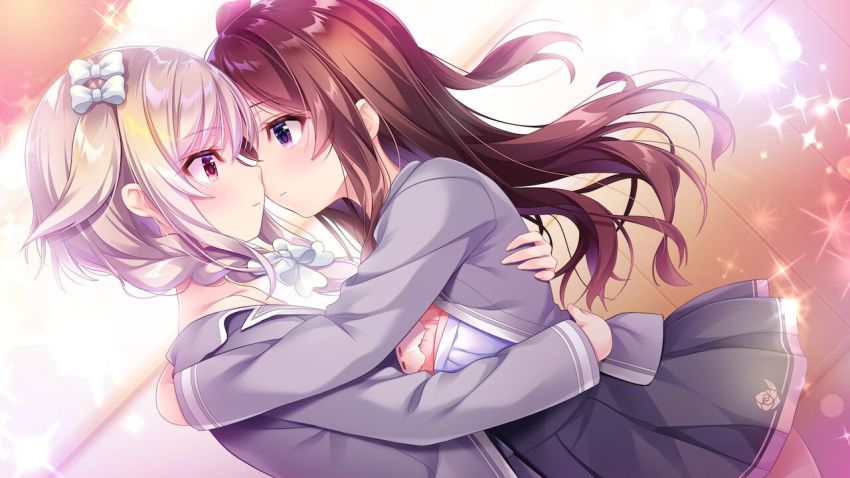 1boy, 1girl, bow, bra, braid, brown_hair, crossdressing, eye_contact