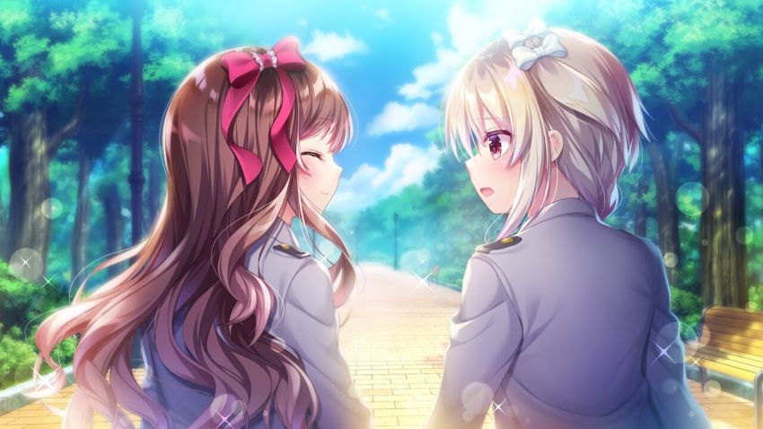 1boy, 1girl, bench, blurry, blurry_background, brown_hair, closed_mouth, crossdressing