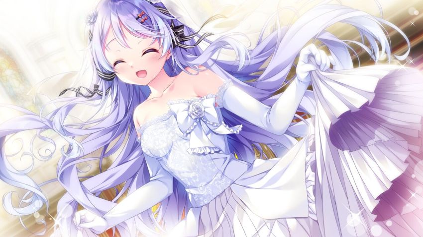 1girl, :d, ^_^, bow, closed_eyes, collarbone, dress, elbow_gloves