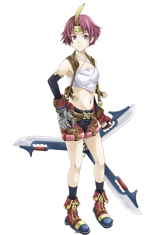 1girl, bonta, boots, faylen_(suikoden), gensou_suikoden, gensou_suikoden_v, headband, konami, midriff, navel, shorts, shuriken, weapon