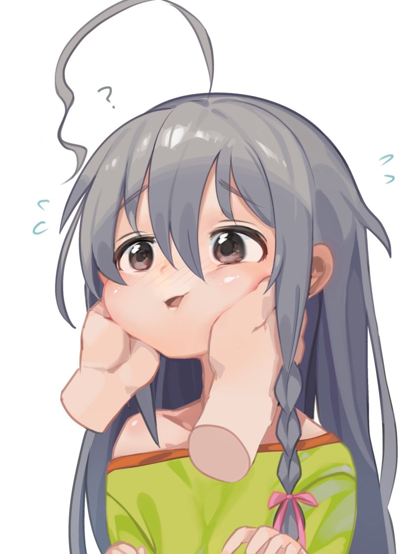 1girl, 1other, :o, absurdres, ahoge, braid, flying_sweatdrops, grey_hair