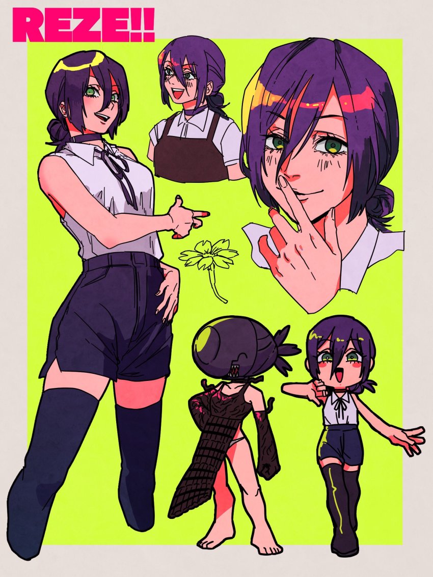 1girl, apron, black_boots, black_choker, black_ribbon, black_shorts, bomb_devil, boots, breasts, chainsaw_man, character_name, reference_sheet, chibi, choker, dress, drgryu750, finger_to_mouth, flower, green_eyes, hand_to_own_mouth, highres, looking_at_viewer, medium_breasts, nuclear_weapon, open_mouth, reze_(chainsaw_man), ribbon, shorts, shushing, solo, teeth, thigh_gap, thighs