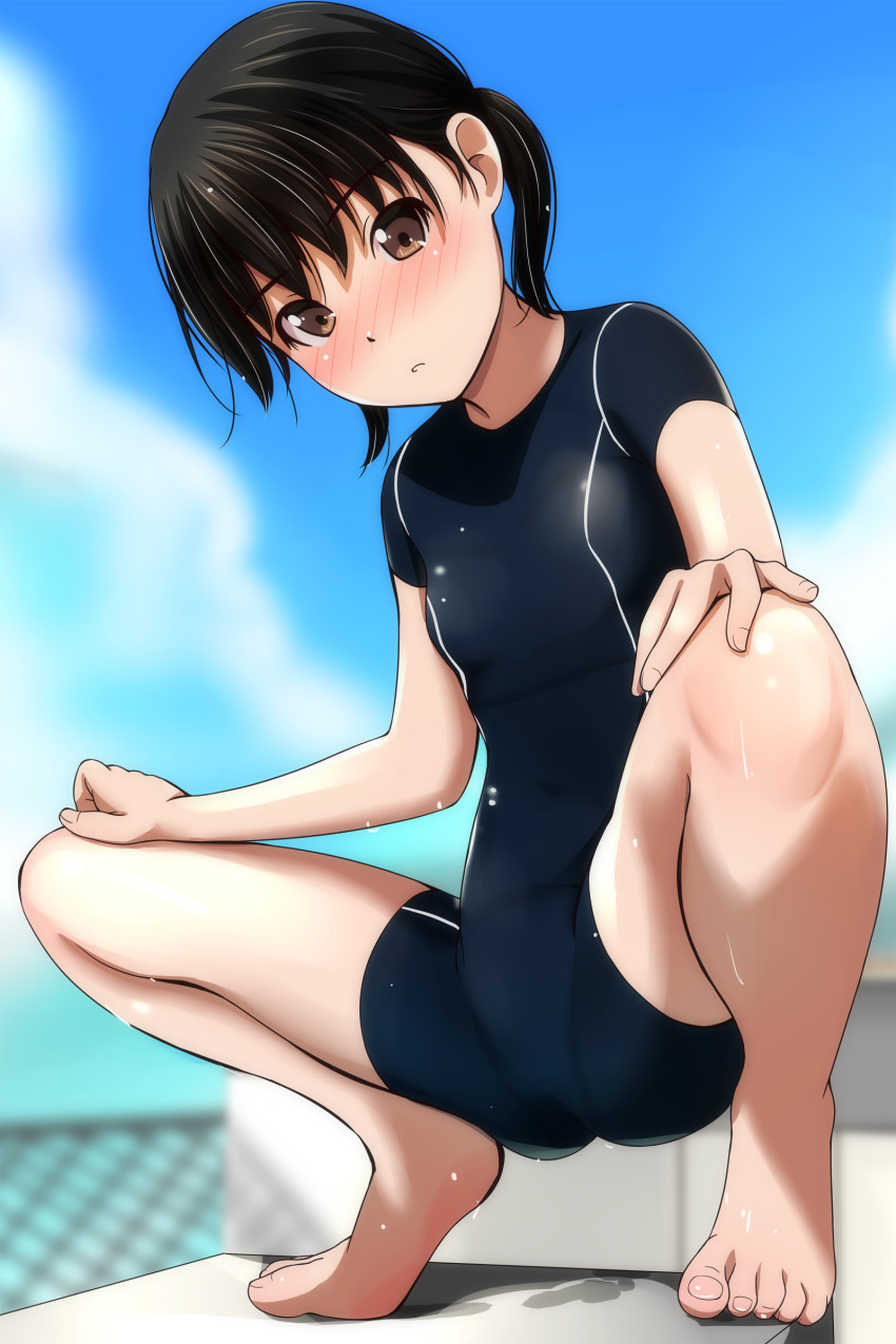 1girl, absurdres, barefoot, black_hair, black_one-piece_swimsuit, blurry, blurry_background, blush, breasts, brown_eyes, chain-link_fence, cloud, commentary, competition_swimsuit, diving_block, fence, hands_on_own_legs, highres, looking_at_viewer, matsunaga_kouyou, nose_blush, one-piece_swimsuit, original, parted_lips, short_twintails, sky, small_breasts, spread_legs, squatting, swimsuit, twintails
