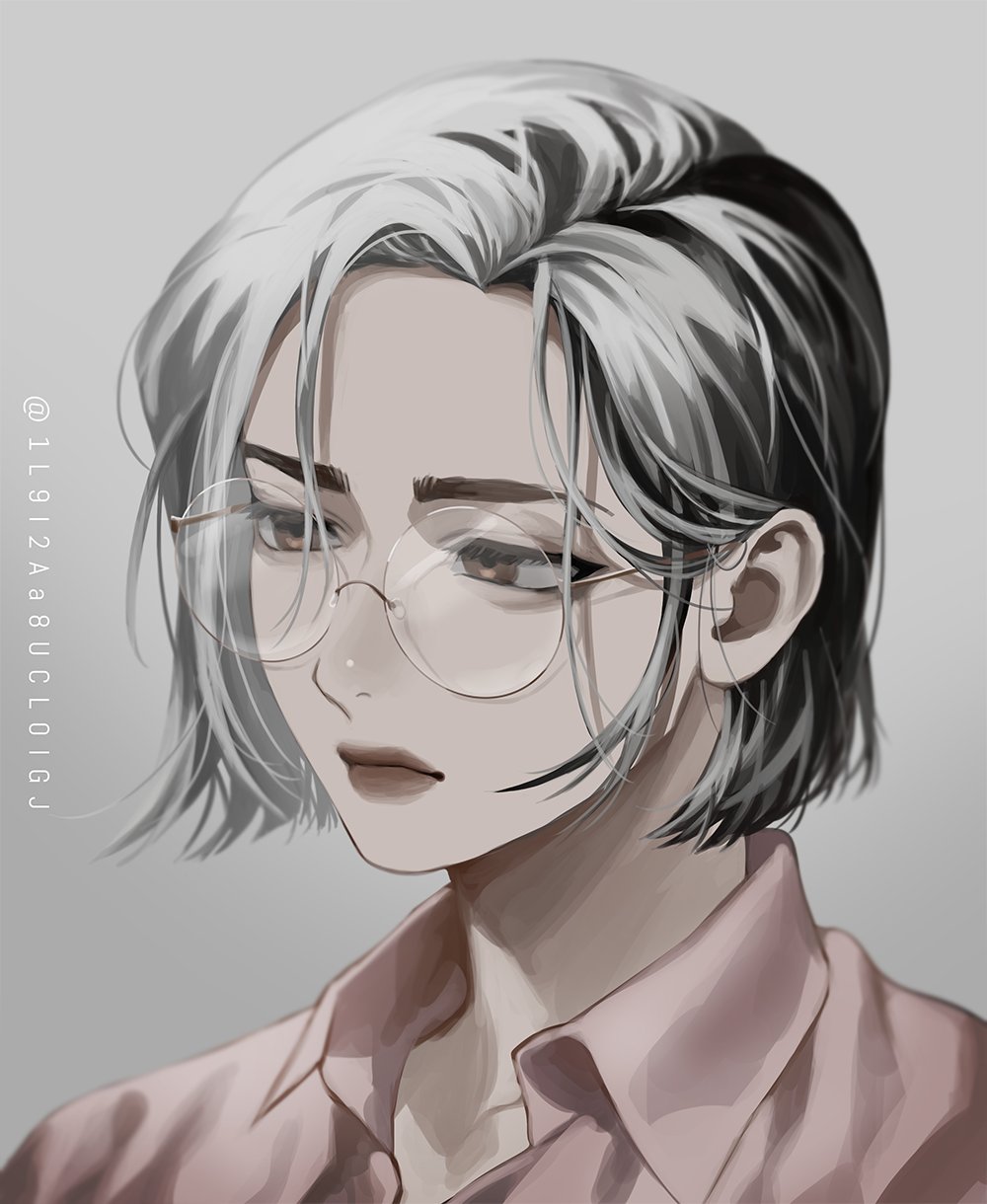 1girl, black_hair, blackbox_(blackbox9158), blouse, brown_eyes, collared_shirt, forehead, from_side, glasses, grey_background, highres, lee_seolhwa, lips, looking_down, multicolored_hair, omniscient_reader's_viewpoint, pink_shirt, portrait, round_eyewear, shirt, short_hair, solo, untranslatable_commentary, two-tone_hair, white_hair