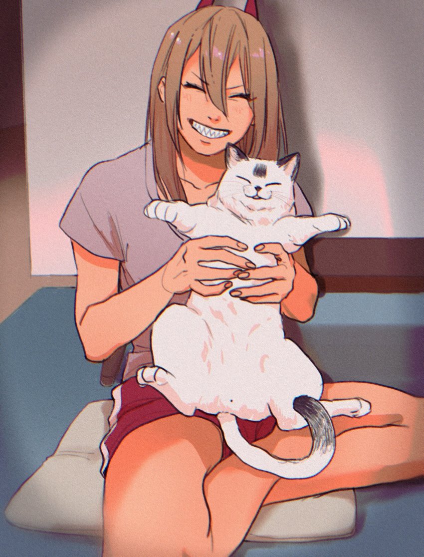 1girl, 1other, animal, cat, chainsaw_man, drgryu750, closed_eyes, highres, holding, holding_animal, holding_cat, horns, indian_style, long_hair, meowy_(chainsaw_man), on_floor, pillow, power_(chainsaw_man), red_horns, sharp_teeth, short_sleeves, shorts, sitting, sitting_on_pillow, smile, solo, table, teeth, white_cat
