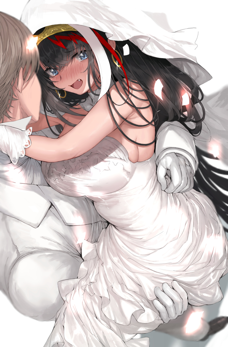 azur_lane, bare_shoulders, black_hair, blue_eyes, blush, breasts, bridal_veil, carrying