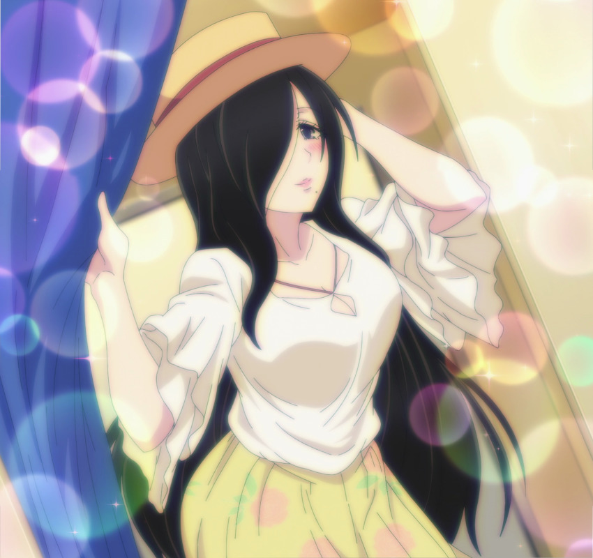 1girl, anime_screenshot, black_hair, breasts, cleavage, dress, fujiwara_suiu, hair_over_one_eye, hat, highres, interior, large_breasts, long_hair, mole, mole_under_mouth, rikei_ga_koi_ni_ochita_no_de_shoumei_shitemita, stitched, third-party_edit
