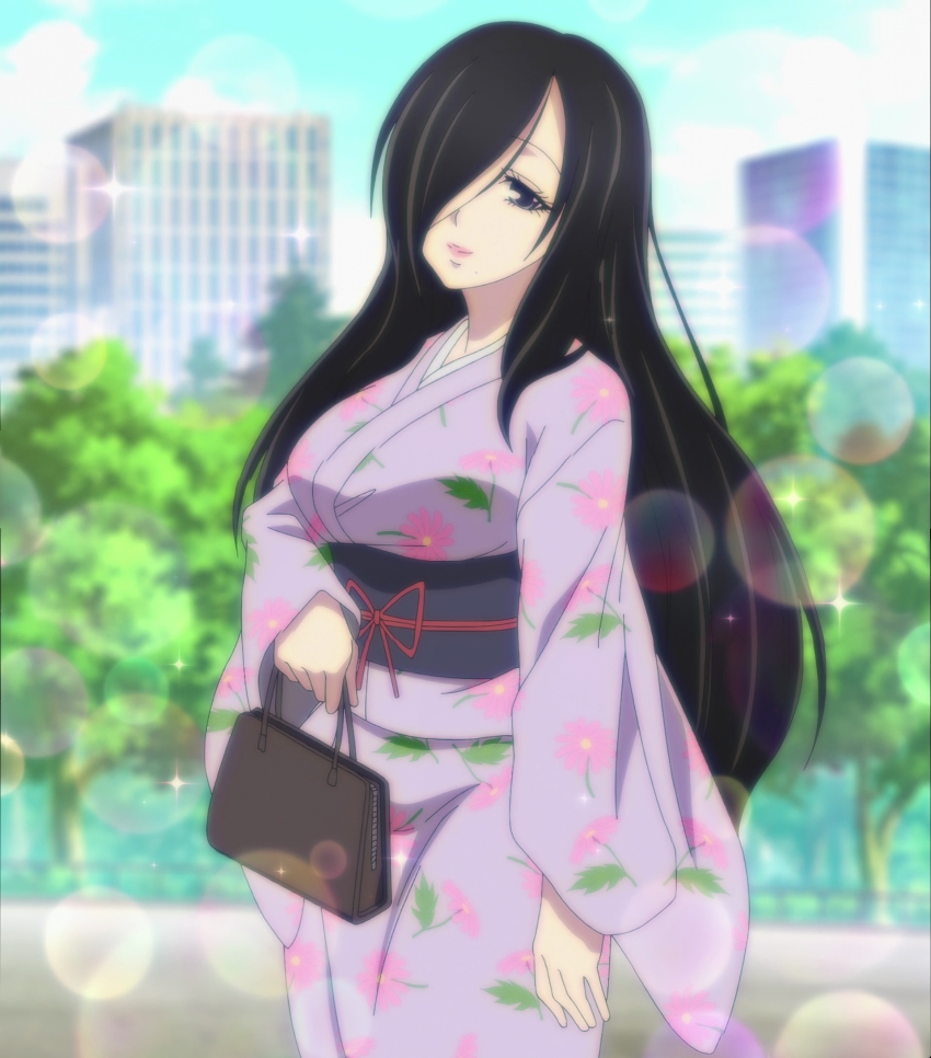 1girl, anime_screenshot, black_hair, breasts, fujiwara_suiu, hair_over_one_eye, highres, japanese_clothes, large_breasts, long_hair, looking_at_viewer, mole, mole_under_mouth, rikei_ga_koi_ni_ochita_no_de_shoumei_shitemita, stitched, third-party_edit