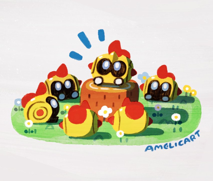 amelicart, blue_flower, falinks, flower, gen_8_pokemon, grass, grey_background, highres