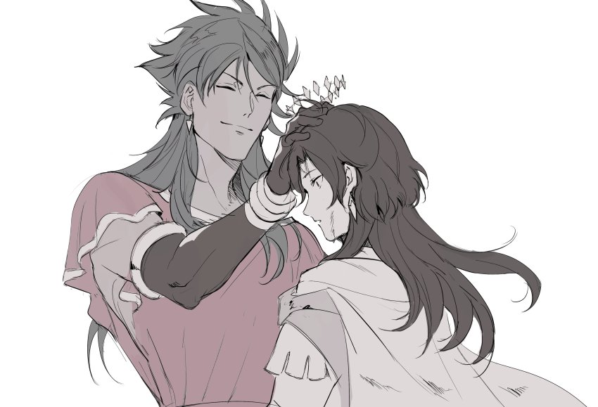 2boys, :o, ^v^, absurdres, alternate_hairstyle, armor, back, black_eyes, black_gloves, black_hair, cape, closed_eyes, closed_mouth, commentary_request, constantine_xi_(fate), constantine_xi_(third_ascension)_(fate), crown, dark-skinned_male, dark_skin, elbow_gloves, fate/grand_order, fate_(series), gloves, greco-roman_clothes, headpat, highres, kupikuuu, long_hair, looking_at_another, male_focus, multiple_boys, official_alternate_costume, roman_clothes, romulus-quirinus_(fate), romulus-quirinus_(second_ascension)_(fate), simple_background, smile, surprised, upper_body, very_long_hair, white_background, white_cape