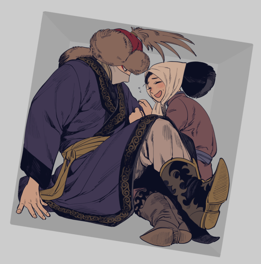 1boy, 1girl, black_eyes, black_hair, blush, box, brown_headwear, covered_mouth