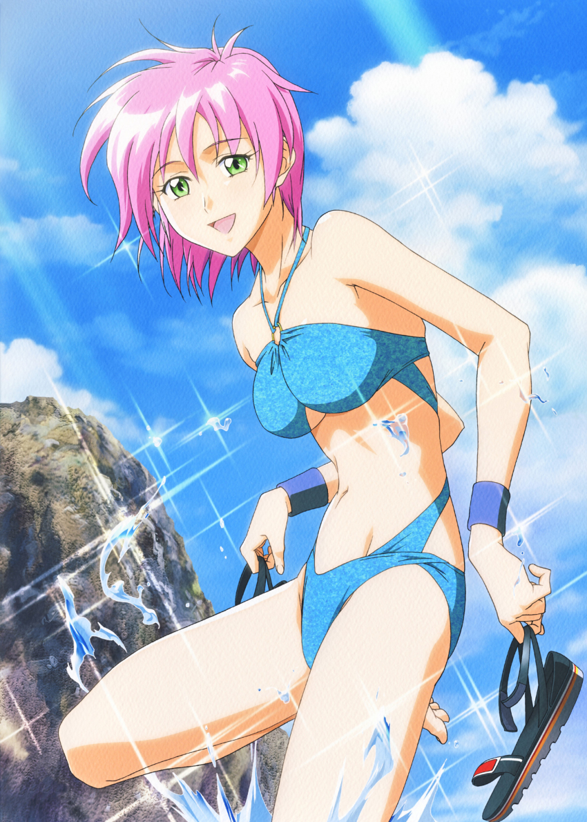 1990s_(style), 1girl, barefoot, blue_one-piece_swimsuit, casual_one-piece_swimsuit, day, green_eyes, halterneck