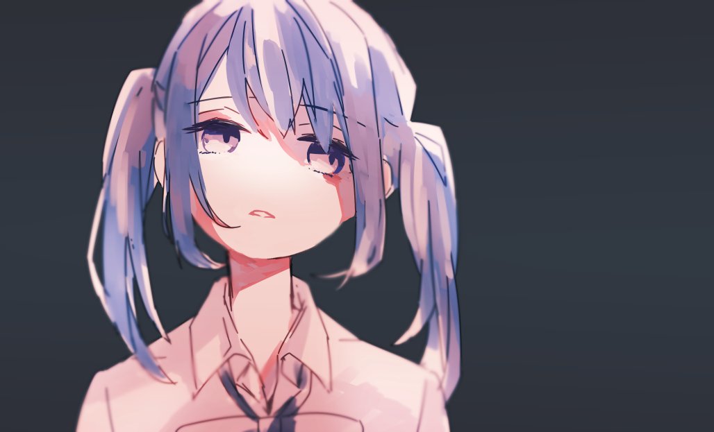 1girl, blouse, blue_hair, blue_necktie, collared_shirt, expressionless, grey_background, hair_over_one_eye