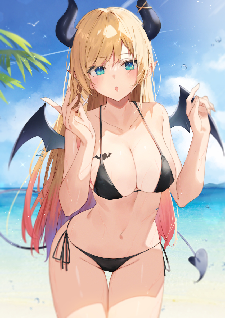 1girl, absurdres, bikini, black_bikini, blonde_hair, blue_eyes, blush, breasts