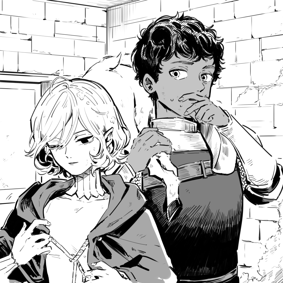 2boys, animal, armor, brick_wall, carrying_over_shoulder, chainmail, cloak, dark-skinned_male