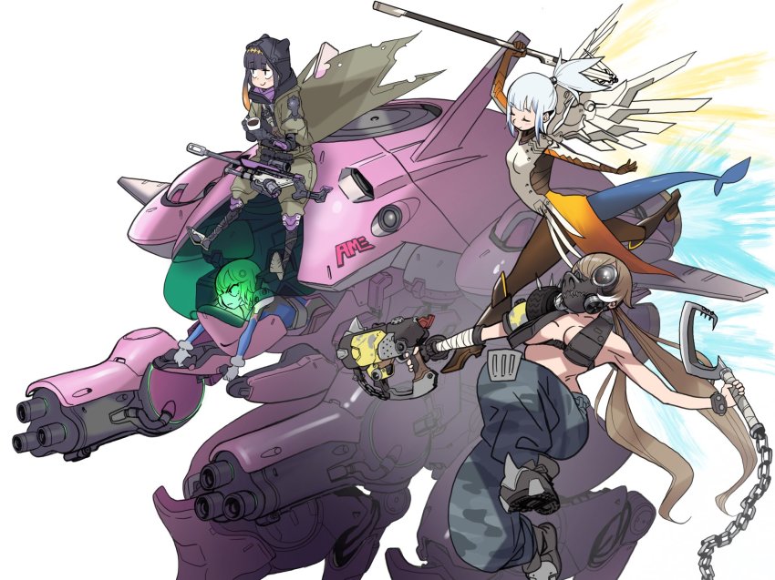 ana_(overwatch), ana_(overwatch)_(cosplay), baggy_pants, black_cat_d.va, blizzard_(company), blonde_hair, blue_hair, bodysuit, brown_hair, cosplay, cup, d.va_(overwatch), d.va_(overwatch)_(cosplay), eyepatch, fins, fish_tail, gas_mask, gawr_gura, gloves, gun, hair_ornament, halo, high_ponytail, highres, holding, holding_weapon, hololive, hololive_english, jacket, long_hair, mask, mecha, mecha_pilot_suit, mechanical_halo, mechanical_wings, meka_(overwatch), mercy_(overwatch), multicolored_hair, multiple_girls, nanashi_mumei, ninomae_ina'nis, overwatch, overwatch_1, pants, ponytail, purple_hair, rifle, roadhog_(overwatch), roadhog_(overwatch)_(cosplay), robot, shark_tail, sniper_rifle, tail, teacup, tentacle_hair, virtual_youtuber, watson_amelia, weapon, wings, zedd_(zedgawr)