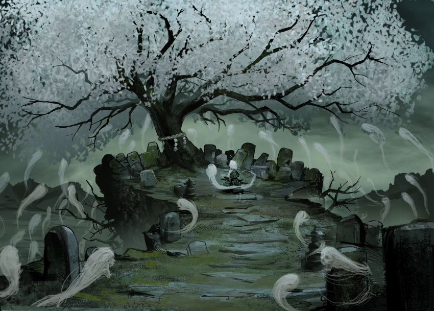 1girl, absurdres, armor, bandaged_arm, bandages, black_ribbon, cliff, commentary