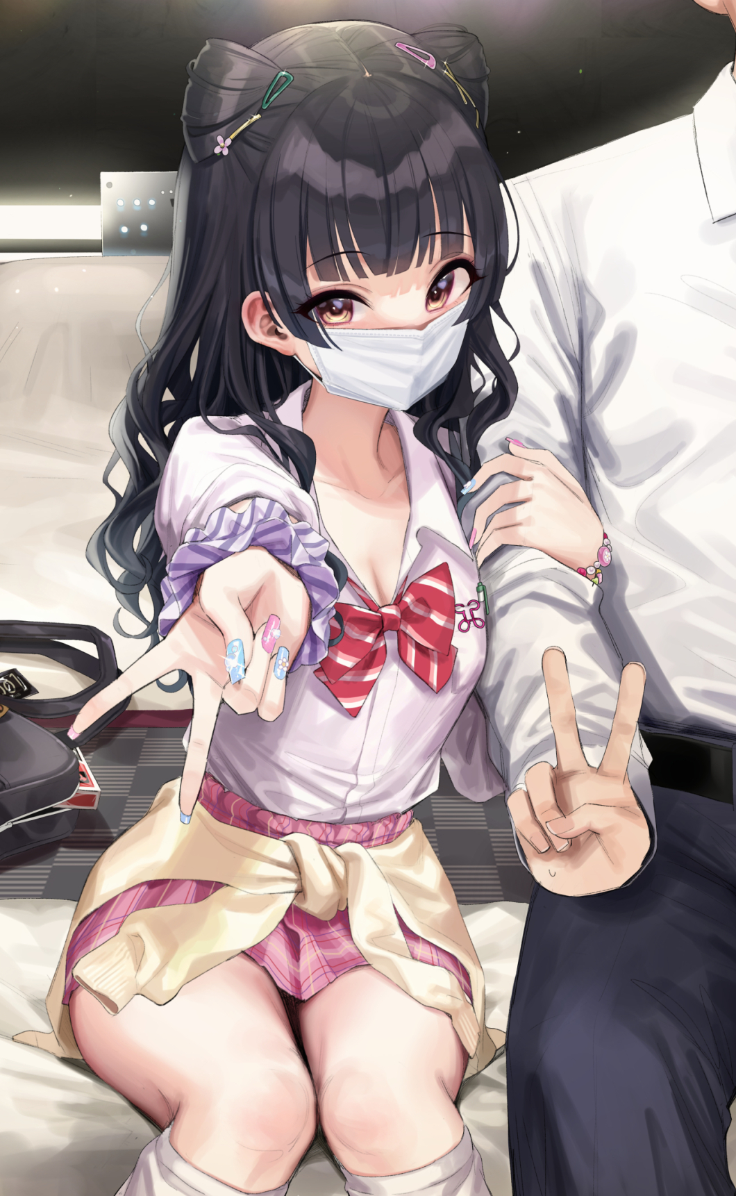 1boy, 1girl, arm_hug, bag, black_hair, blouse, blunt_bangs, breasts