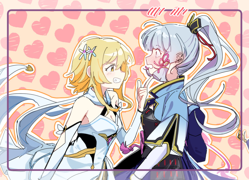 2girls, armor, ayaka_(genshin_impact), black_dog_(ckdfhd), blonde_hair, blue_eyes, blue_hair, blush, breastplate, dress, flustered, genshin_impact, hair_ornament, hand_on_another's_chin, heart, heart_background, looking_at_another, lumine_(genshin_impact), multiple_girls, open_mouth, ponytail, short_sleeves, sidelocks, smile, vambraces, yellow_eyes, yuri