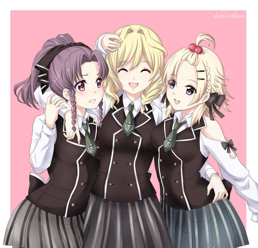 3girls, :d, ^_^, absurdres, arm_around_another's_waist, arm_around_shoulder, arm_up, artist_name