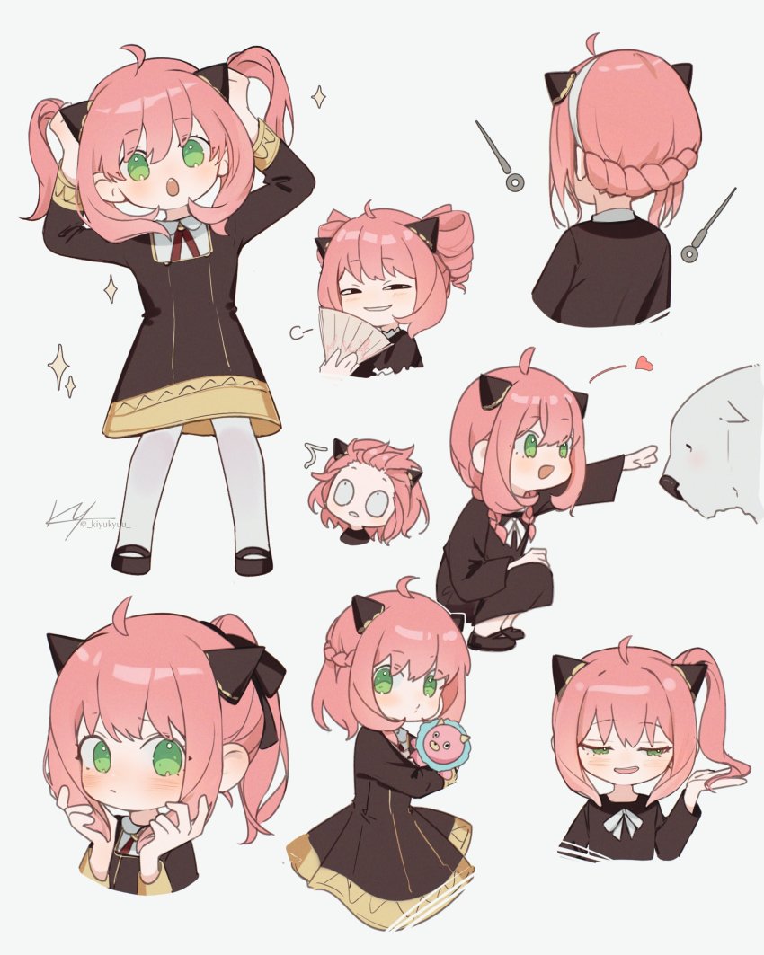 <o>_<o>, 1girl, :d, alternate_hairstyle, animal, anya_(spy_x_family), black_dress, blouse, bond_(spy_x_family), braid, bunching_hair, chibi, child, collared_shirt, commentary, director_chimera_(spy_x_family), dog, dress, drill_hair, eden_academy_school_uniform, english_commentary, facing_away, fake_horns, folding_fan, french_braid, green_eyes, hair_slicked_back, hairband, half-closed_eyes, hand_fan, hands_up, heart, highres, holding, holding_fan, holding_own_hair, horns, kiyukyuu, long_sleeves, looking_at_viewer, looking_away, looking_to_the_side, multiple_views, neck_ribbon, open_mouth, outstretched_arm, panties, pinafore_dress, pink_hair, ponytail, puckered_lips, ribbon, school_uniform, shirt, side_ponytail, sidelocks, signature, simple_background, sleeveless, sleeveless_dress, smile, smirk, spy_x_family, squatting, standing, stuffed_toy, surprised, twin_braids, twin_drills, twintails, underwear, updo, white_legwear, white_shirt