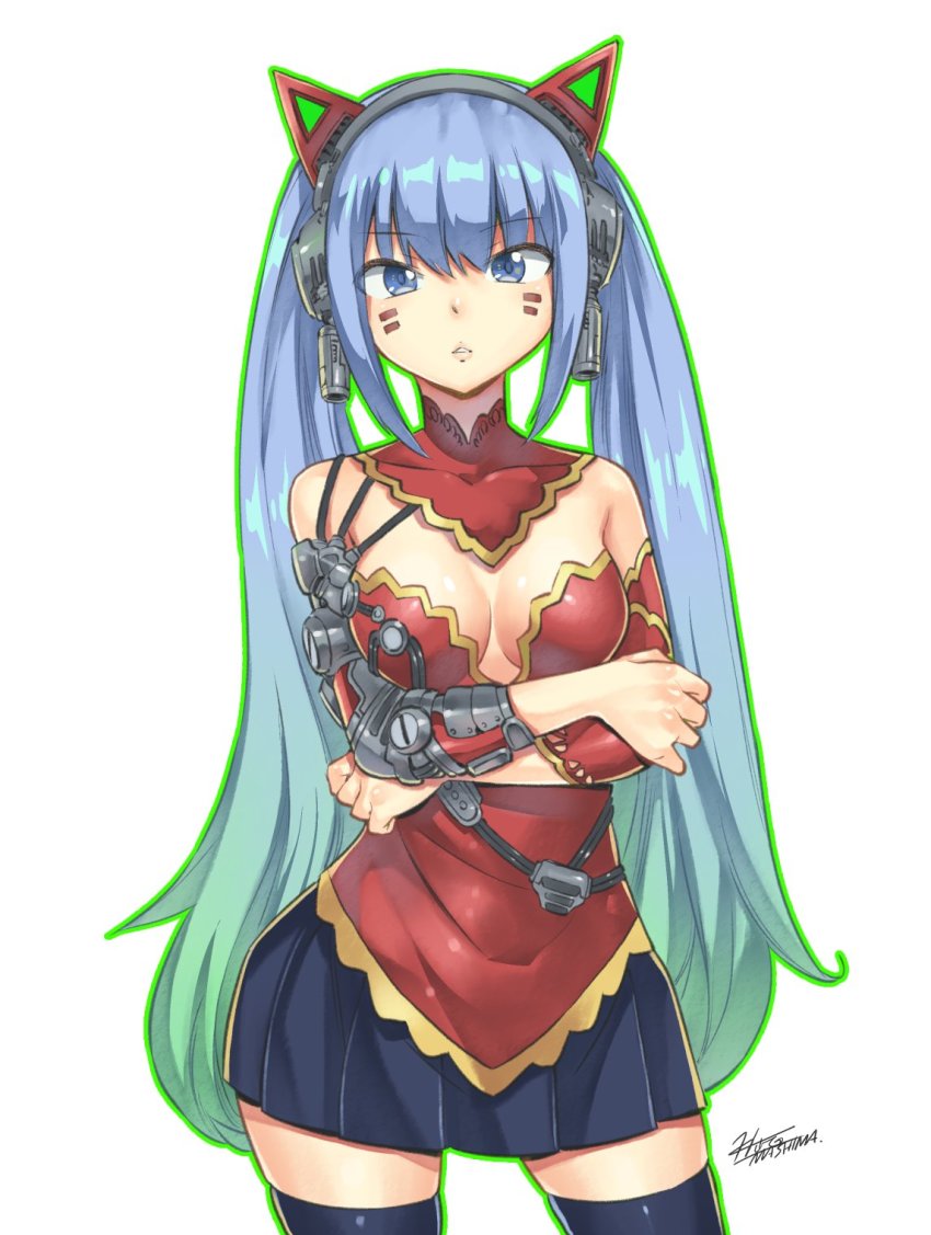 1girl, animal_ear_headphones, animal_ears, black_thighhighs, blouse, blue_eyes, blue_hair, blue_skirt