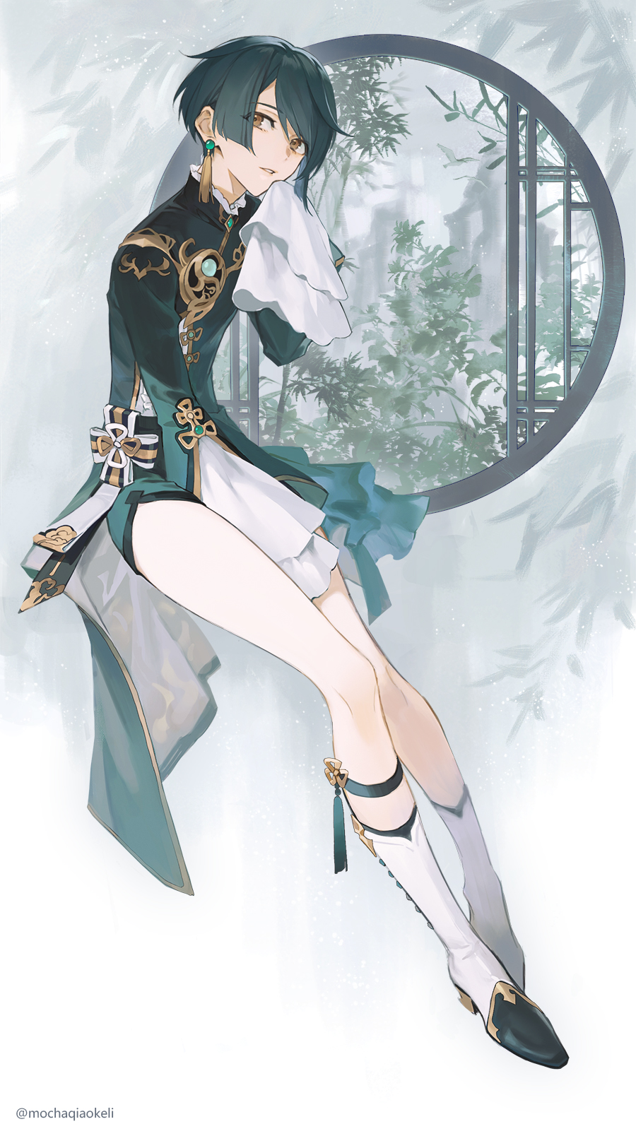 1boy, androgynous, asymmetrical_bangs, bamboo, bamboo_forest, bird, blue_hair, blue_shorts, blunt_bangs, boots, brooch, commentary_request, earrings, forest, frilled_shirt_collar, frilled_sleeves, frills, from_side, full_body, genshin_impact, gold_trim, hand_up, high_heels, highres, jewelry, legs, long_coat, long_legs, long_sleeves, looking_at_viewer, male_focus, nature, ribbon, ru_(famia), shorts, signature, single_earring, solo, tassel, tassel_earrings, twitter_username, very_long_sleeves, window, xingqiu_(genshin_impact), yellow_eyes