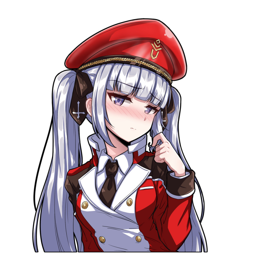 1girl, bd_mmst, black_necktie, black_outline, black_ribbon, blouse, blunt_bangs, blush, breasts, chloe_starseeker, closed_mouth, collared_jacket, collared_shirt, commentary_request, counter:side, cropped_torso, diamond-shaped_pupils, diamond_(shape), embarrassed, furrowed_brow, grey_hair, hair_ribbon, hand_up, hat, highres, jacket, jitome, korean_commentary, long_hair, long_sleeves, looking_at_viewer, medium_breasts, necktie, outline, peaked_cap, purple_eyes, red_hat, red_jacket, ribbon, shirt, sidelocks, simple_background, sleeve_cuffs, solo, symbol-shaped_pupils, twintails, twirling_hair, uniform, upper_body, white_background, white_shirt