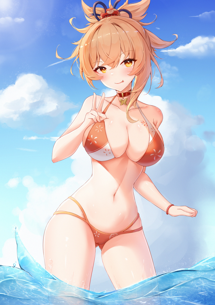 1girl, :p, absurdres, asymmetrical_hair, bikini, blonde_hair, blue_sky, blush