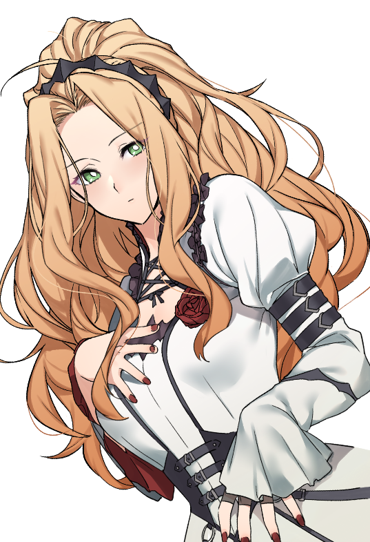 1girl, ahoge, blonde_hair, blush, closed_mouth, collared_dress, commentary_request, dress, dutch_angle, expressionless, forehead, grac&amp;e_nocturne, green_eyes, hair_intakes, hair_ornament, hairband, idolmaster, idolmaster_million_live!, idolmaster_million_live!_theater_days, k52, long_hair, long_sleeves, looking_at_viewer, nail_polish, nikaido_chizuru, parted_bangs, puffy_long_sleeves, puffy_sleeves, red_nails, simple_background, sleeves_past_wrists, solo, upper_body, white_background, white_dress