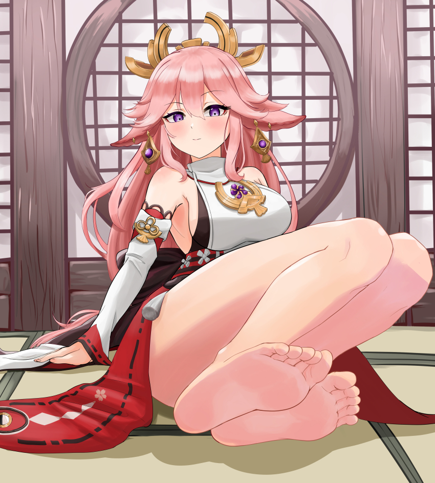 1girl, absurdres, barefoot, blush, epicmilk, feet, genshin_impact, highres, long_hair, looking_at_viewer, pink_hair, purple_eyes, soles, tatami, toes, yae_miko