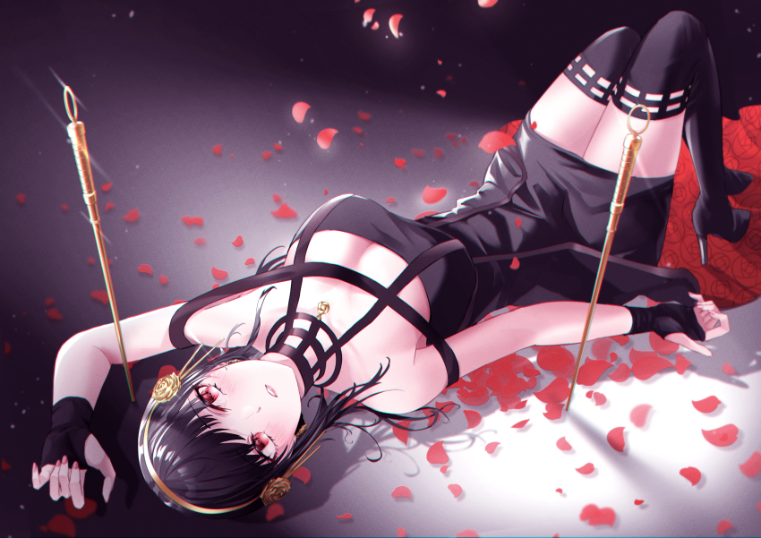 1girl, absurdres, alian2020, arm_up, black_dress, black_gloves, black_hair, black_thighhighs