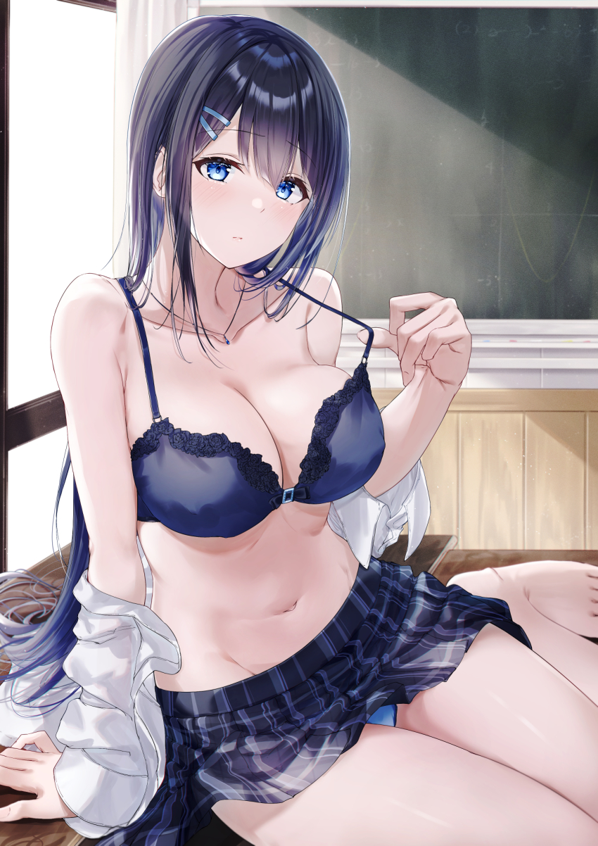 1girl, arm_support, barefoot, black_bra, black_hair, black_skirt, blouse, blue_eyes, blue_panties, bra, breasts, chalkboard, classroom, cleavage, closed_mouth, collarbone, commentary_request, curtains, desk, hair_between_eyes, hair_ornament, hairclip, highres, indoors, jewelry, large_breasts, looking_at_viewer, meen_(ouaughikepdvrsf), navel, necklace, on_desk, original, panties, panty_peek, plaid_clothes, plaid_skirt, pleated_skirt, school_desk, school_uniform, shirt, sitting, skirt, solo, stomach, underwear, white_shirt, window