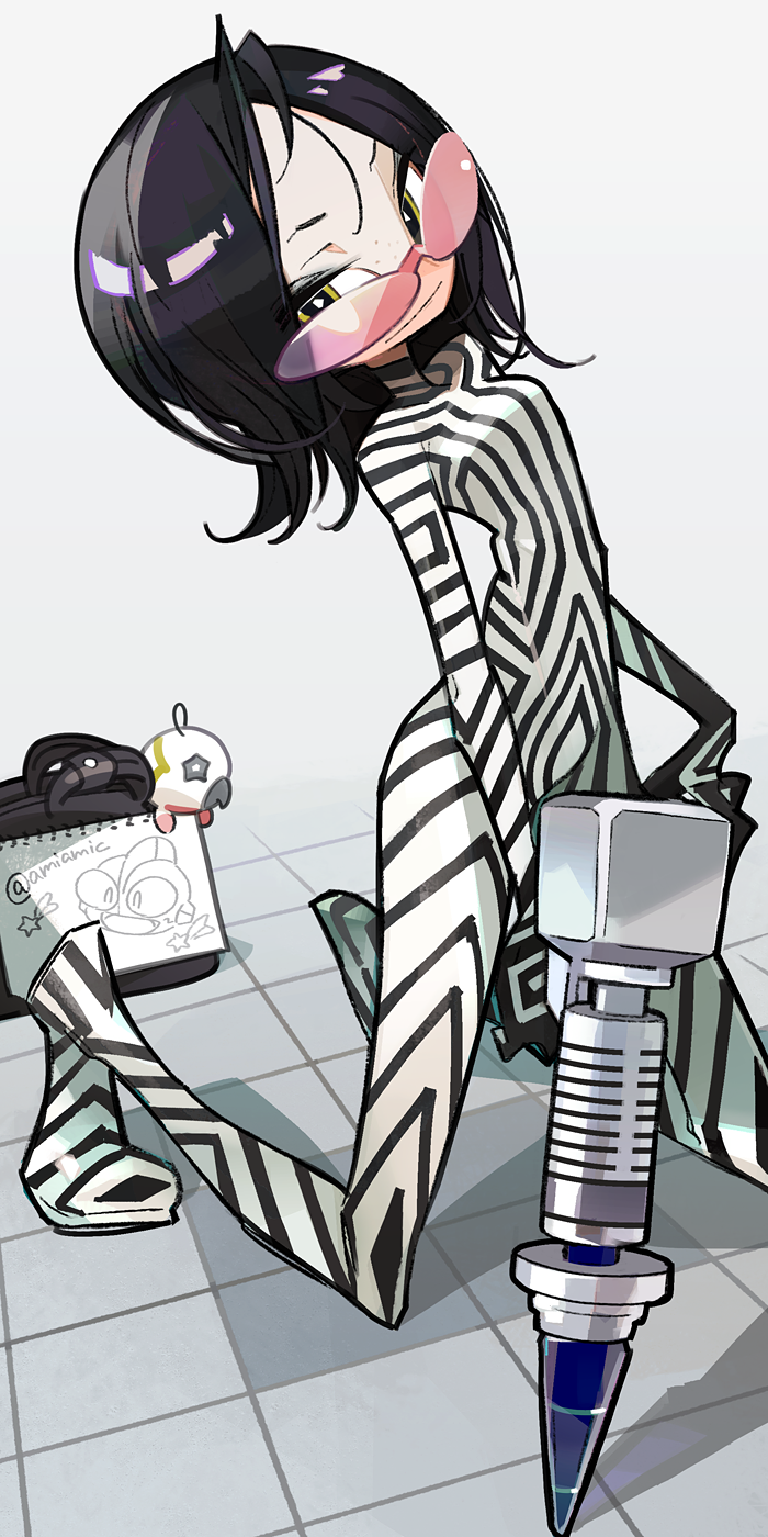 1girl, amiami, animal_print, black_hair, bodysuit, chibi, dada_(ultra_series), directed-energy_weapon