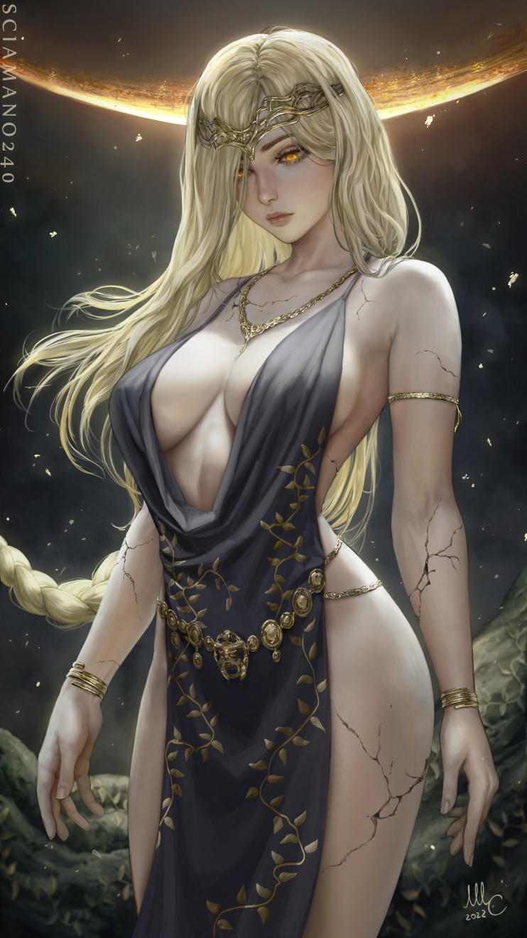 1girl, armlet, artist_name, bare_hips, bare_shoulders, black_dress, blonde_hair, blush