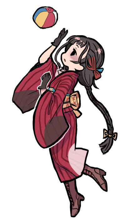 1girl, ball, black_gloves, black_hair, boots, braid, brown_boots, full_body