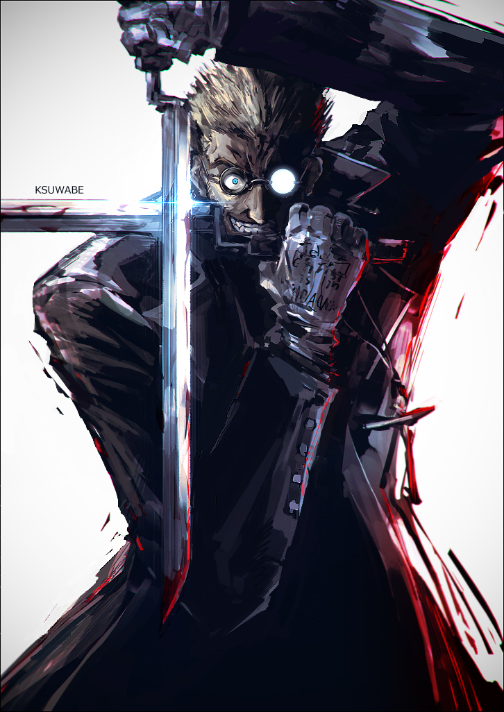 1boy, alexander_anderson, artist_name, black_coat, blonde_hair, blood, bloody_weapon, blue_eyes, coat, cross, crossed_swords, gloves, gradient_background, grin, hellsing, holding, holding_sword, holding_weapon, k-suwabe, long_sleeves, looking_at_viewer, male_focus, round_eyewear, short_hair, smile, solo, sword, teeth, weapon, white_background
