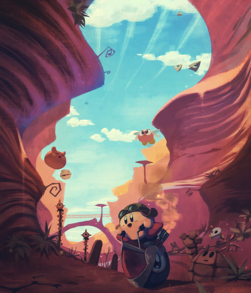 arch, aviator_cap, blue_eyes, blue_sky, blush_stickers, bridge, bronto_burt, canyon, character_request, cloud, commentary_request, desert, gabon_(gabooo_n), goggles, goggles_on_head, goggles_on_headwear, golem_(kirby), hat, helmet, highres, kirby, kirby_(series), mumbies_(kirby), nintendo, no_humans, open_mouth, outdoors, plant, revision, riding, scarfy, sky, smile, soarar, suyasuyabi, ufo_(kirby), wheelie_(kirby)
