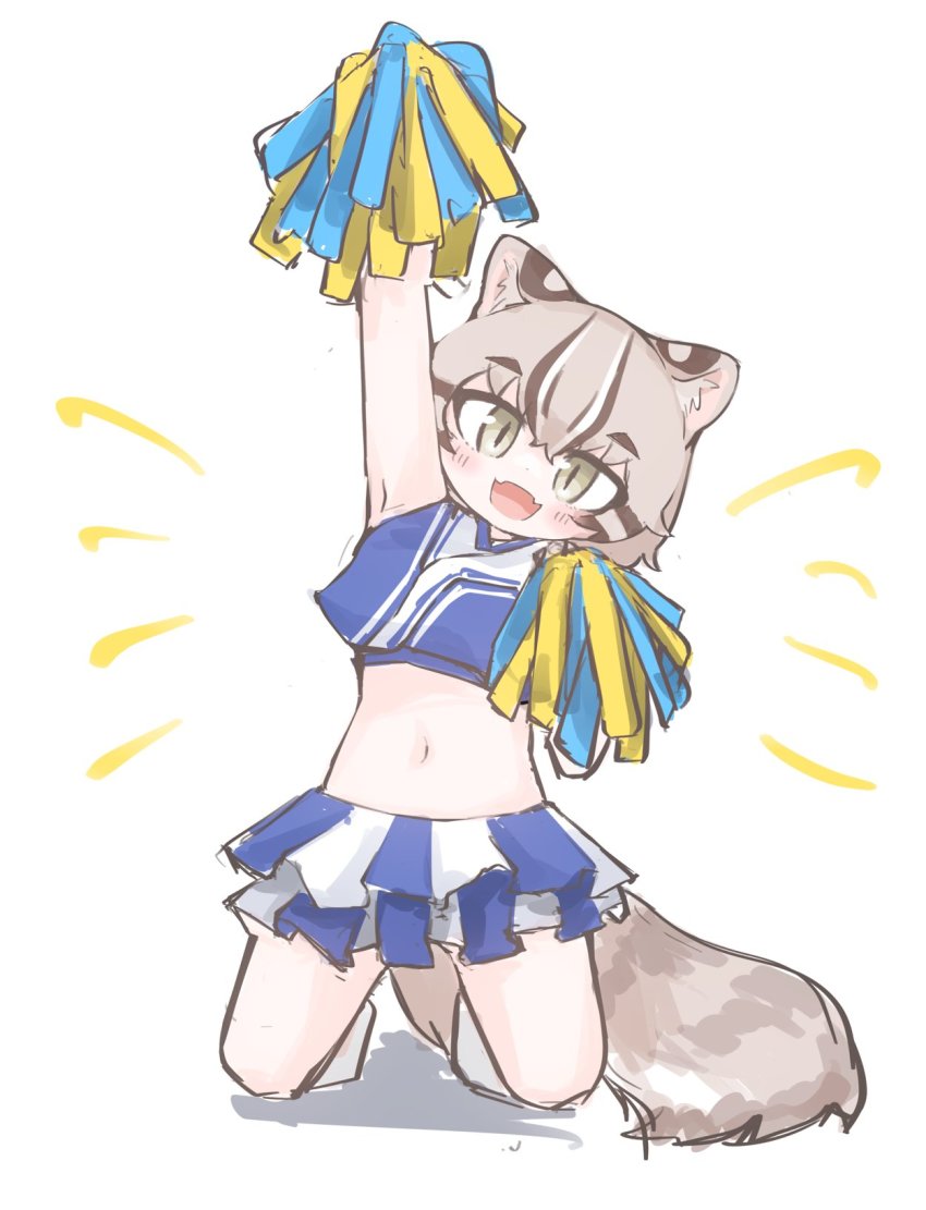1girl, alternate_costume, animal_ears, bare_shoulders, blouse, blue_shirt, blue_skirt, blush, brown_hair, cat_ears, cat_girl, cat_tail, cheerleader, crop_top, fangs, green_eyes, grey_hair, highres, kemono_friends, kneeling, midriff, multicolored_hair, navel, nyctereutes, open_mouth, pleated_skirt, pom_pom_(cheerleading), shirt, short_hair, skirt, sleeveless, smile, solo, tail, tsushima_leopard_cat_(kemono_friends), two-tone_shirt, two-tone_skirt, white_shirt, white_skirt