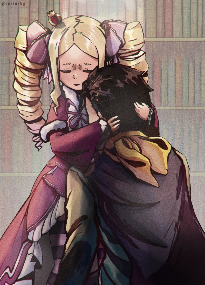 1boy, 1girl, beatrice_(re:zero), blonde_hair, book, bookshelf, brown_hair, comforting