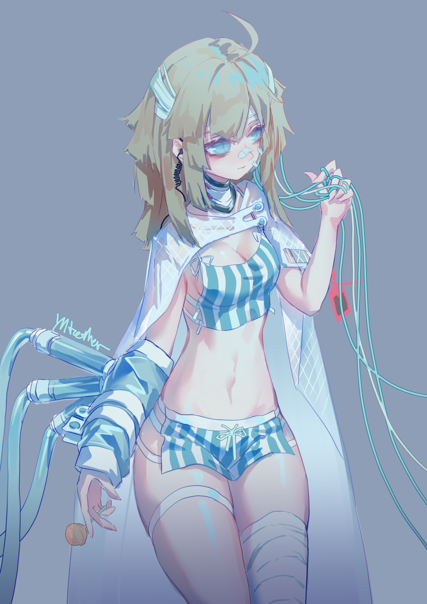 1girl, aa-12_(girls'_frontline), absurdres, ahoge, bags_under_eyes, bandaged_leg, bandages, blonde_hair