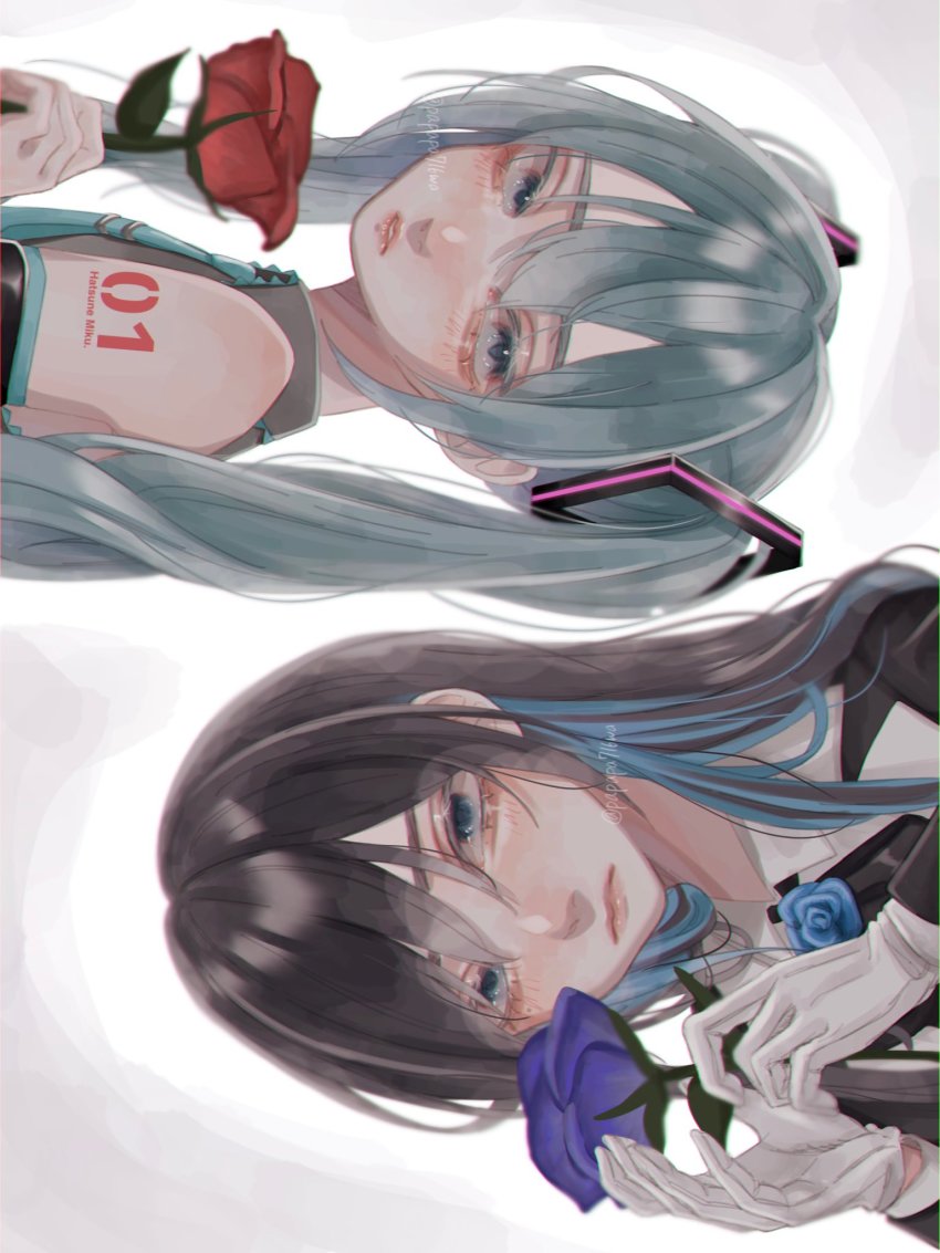 2girls, ado_(utaite), aegyo_sal, aqua_eyes, aqua_hair, aqua_necktie, bare_shoulders, black_hair