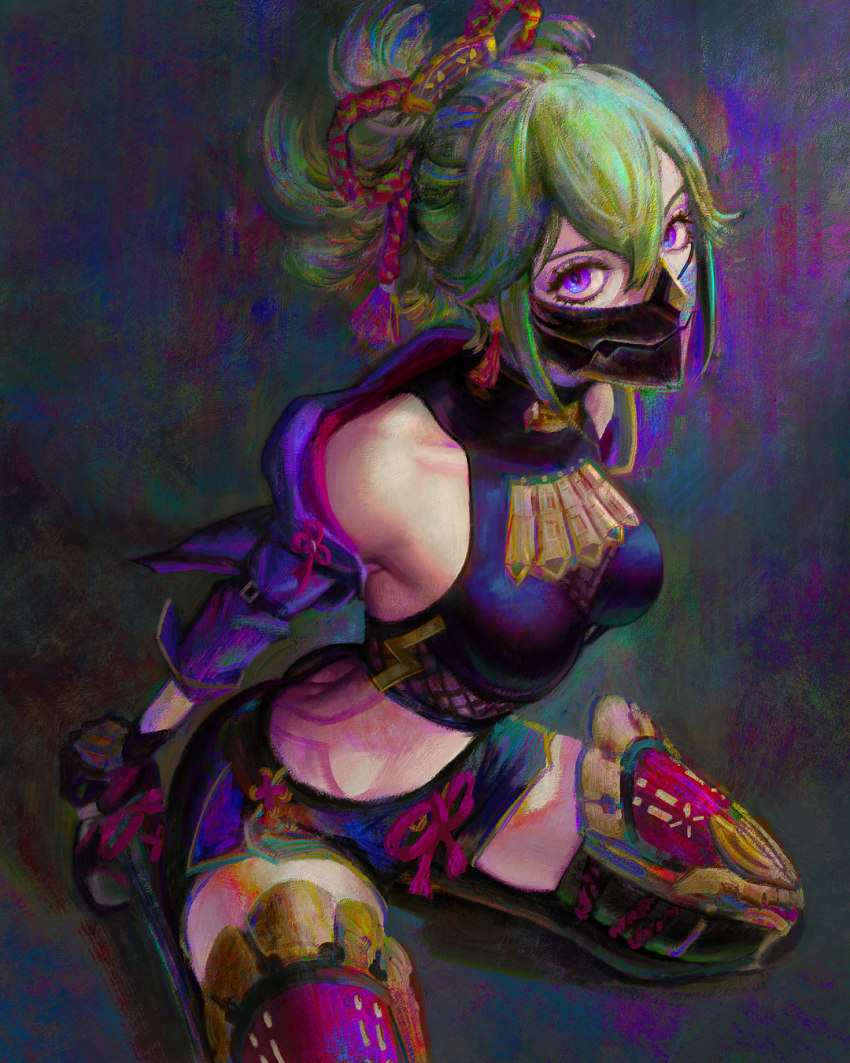 1girl, bag, black_gloves, black_shorts, black_thighhighs, breasts, breasts_apart, fingerless_gloves