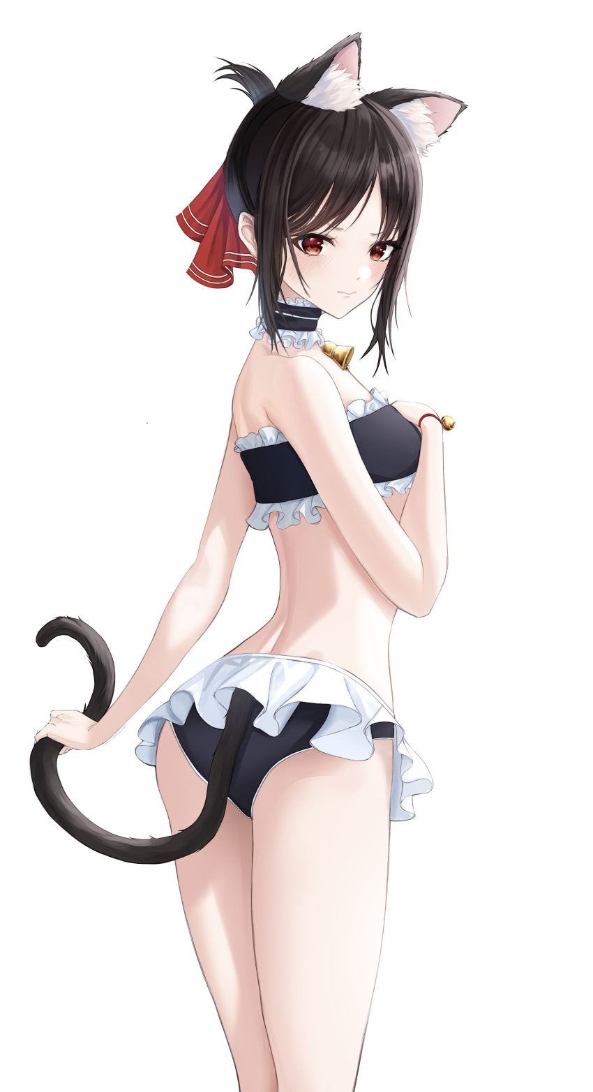 1girl, absurdres, animal_ear_fluff, animal_ears, bare_arms, bell, bikini, black_bikini, blush, brown_hair, cat_ears, cat_tail, closed_mouth, collar, detached_collar, frilled_bikini, frilled_collar, frills, from_side, highres, kaguya-sama_wa_kokurasetai_~tensai-tachi_no_renai_zunousen~, red_eyes, sami_(ami12702752), shinomiya_kaguya, short_hair, sidelocks, simple_background, solo, standing, swimsuit, tail, white_background