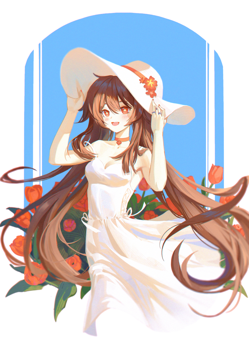 1girl, :d, absurdres, alternate_costume, blush, breasts, brown_hair, choker