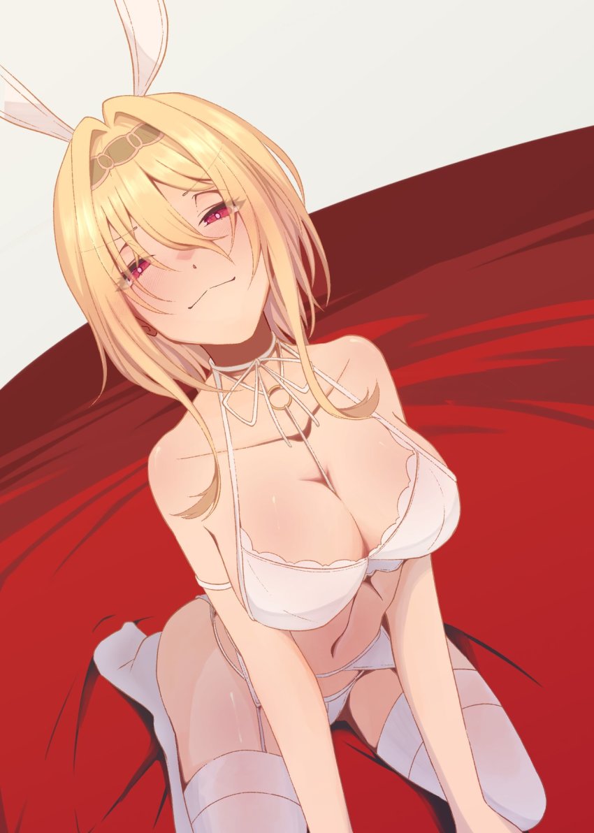 1girl, animal_ears, between_breasts, blonde_hair, blush, bra, breasts, bright_pupils, cleavage, collarbone, dutch_angle, fake_animal_ears, garter_belt, hair_intakes, half-closed_eyes, highres, idolmaster, idolmaster_cinderella_girls, kurosaki_chitose, large_breasts, light_smile, looking_at_viewer, navel, neck_ribbon, o-ring_strap, panties, rabbit_ears, red_eyes, red_sheet, ribbon, seiza, simple_background, sitting, solo, strap_between_breasts, tantei001, thighhighs, underwear, underwear_only, white_bra, white_panties, white_thighhighs