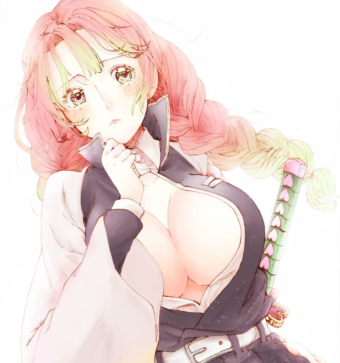1girl, blush, braid, breasts, cleavage, frown, gradient_hair, green_hair, jacket, kanroji_mitsuri, katana, kimetsu_no_yaiba, large_breasts, looking_to_the_side, mole, mole_under_eye, multicolored_hair, open_clothes, open_jacket, pink_hair, solo, sword, twin_braids, upper_body, weapon, white_background, yumeji_poni