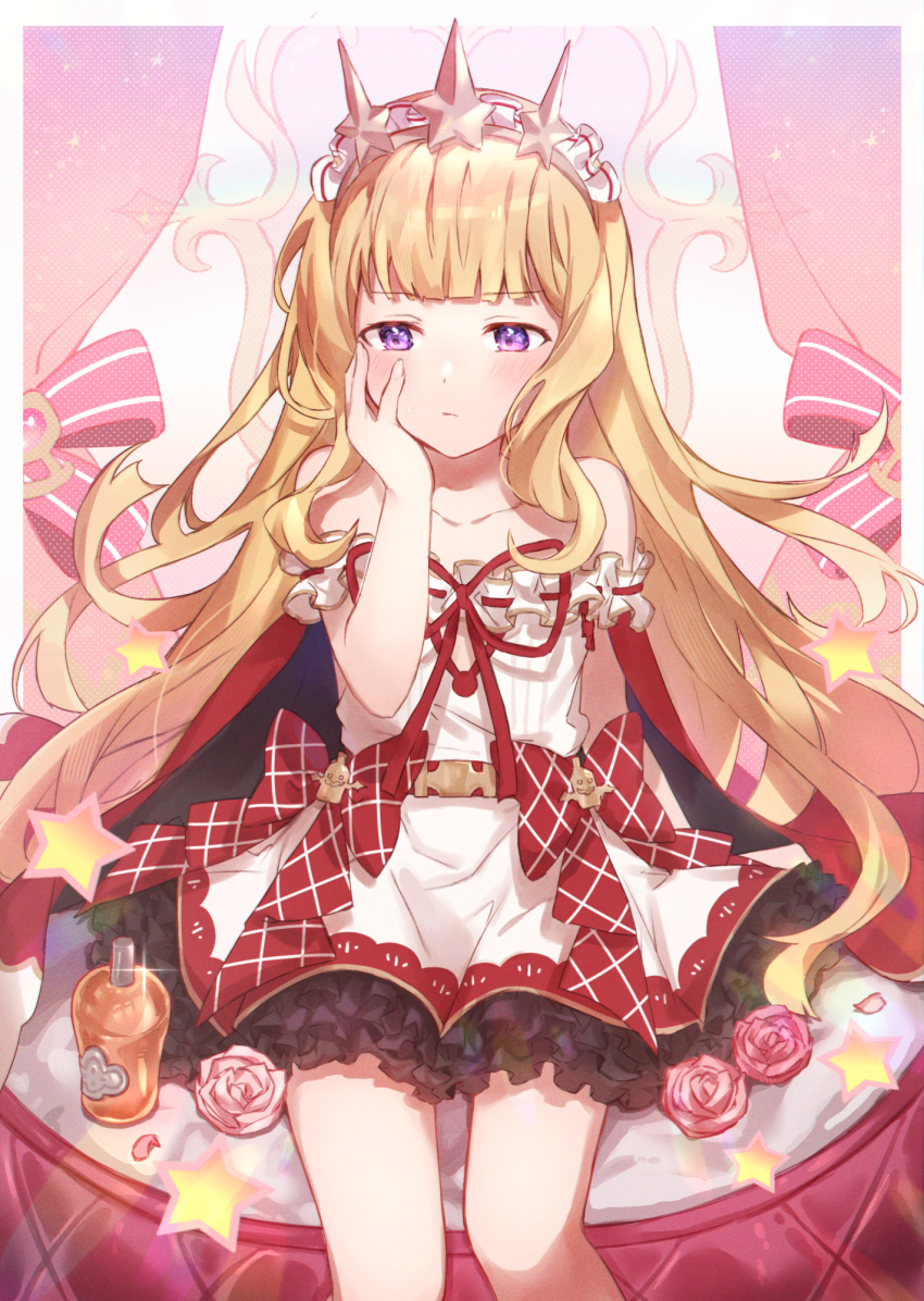 1girl, bare_shoulders, blonde_hair, bottle, bow, cagliostro_(dreamy_dreamy_alchemist)_(granblue_fantasy), cagliostro_(granblue_fantasy), cape, closed_mouth, collarbone, commentary, dress, flower, frilled_dress, frills, frown, granblue_fantasy, hand_on_own_cheek, hand_on_own_face, highres, koori_(superumaice), long_hair, multicolored_hair, purple_eyes, red_bow, red_cape, red_dress, red_ribbon, ribbon, rose, sitting, star_(symbol), two-tone_hair, very_long_hair, white_dress