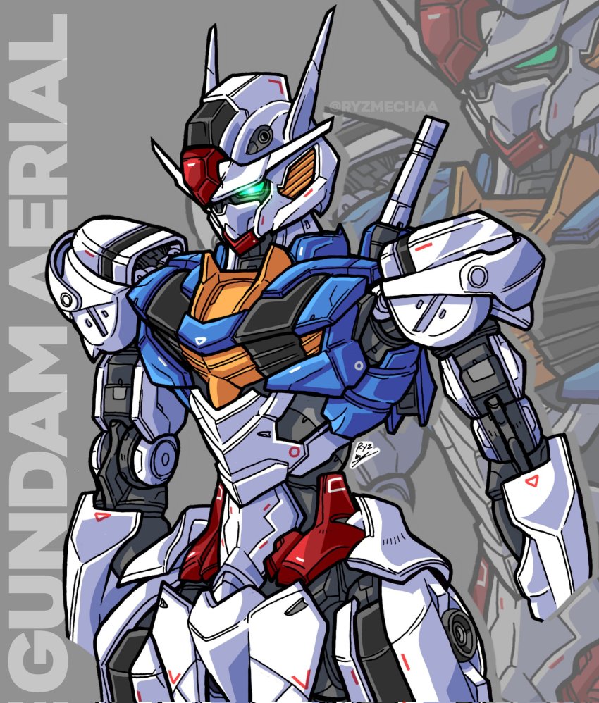 character_name, commentary, english_commentary, glowing, glowing_eye, green_eyes, grey_background, gundam